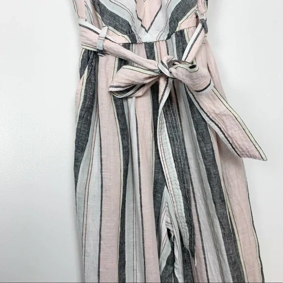 Vince Camuto Pastel Striped 100% Linen Cropped Wide Leg Jumpsuit Size Medium - Picture 7 of 15